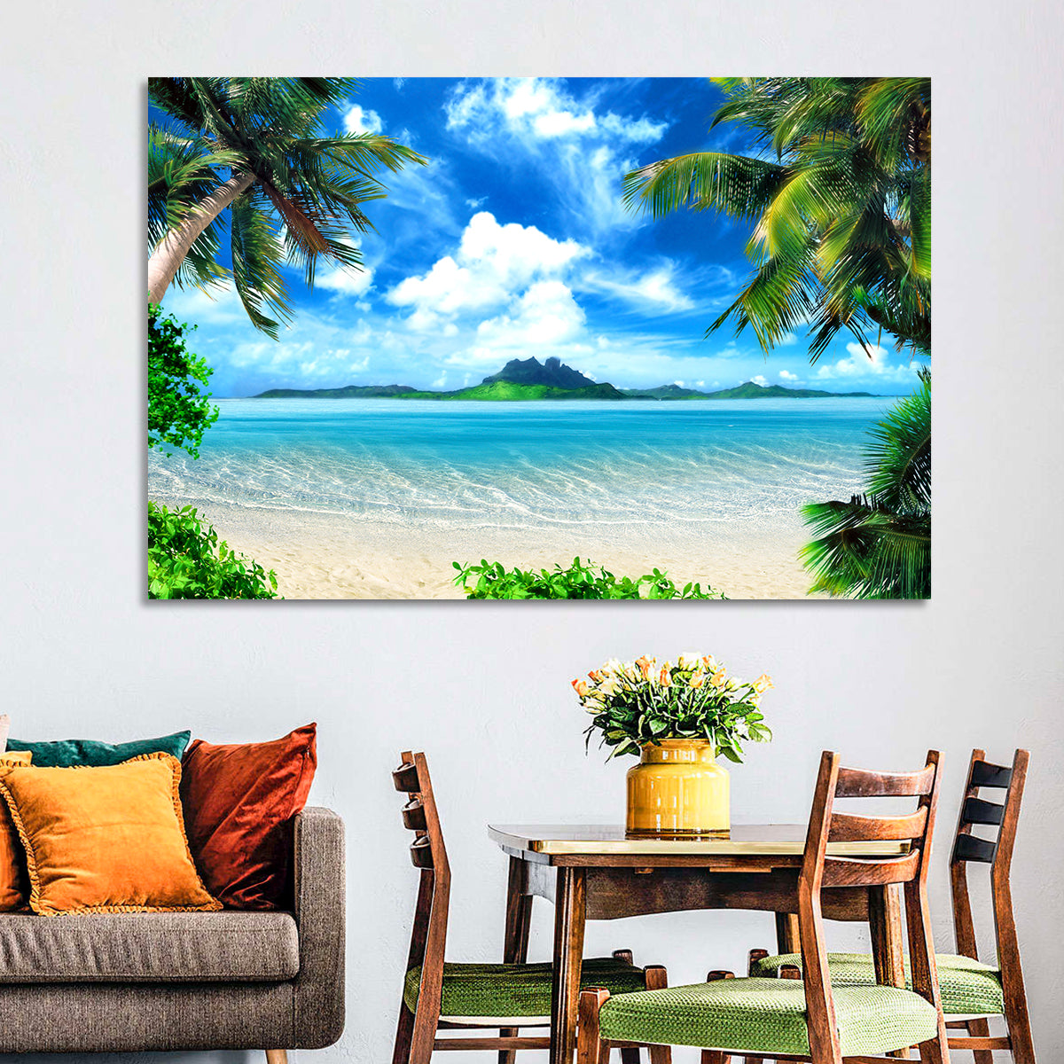 Palm-framed Tropical Island Beach Wall Art in a room, landscape
