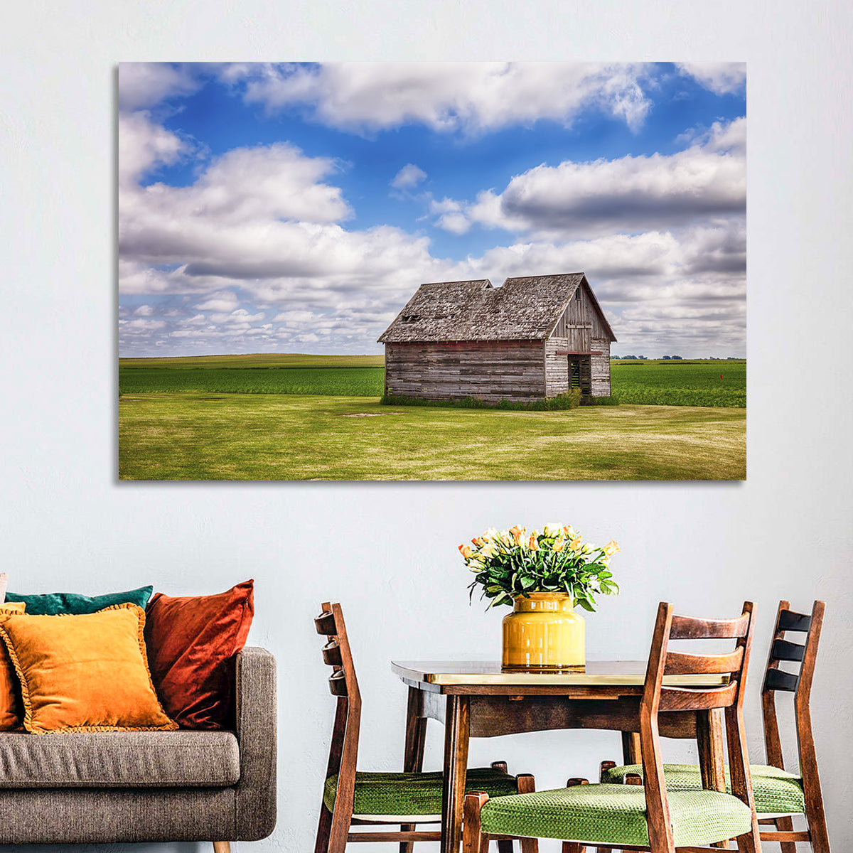 Old Farm Shed in Field Wall Art in a room, landscape