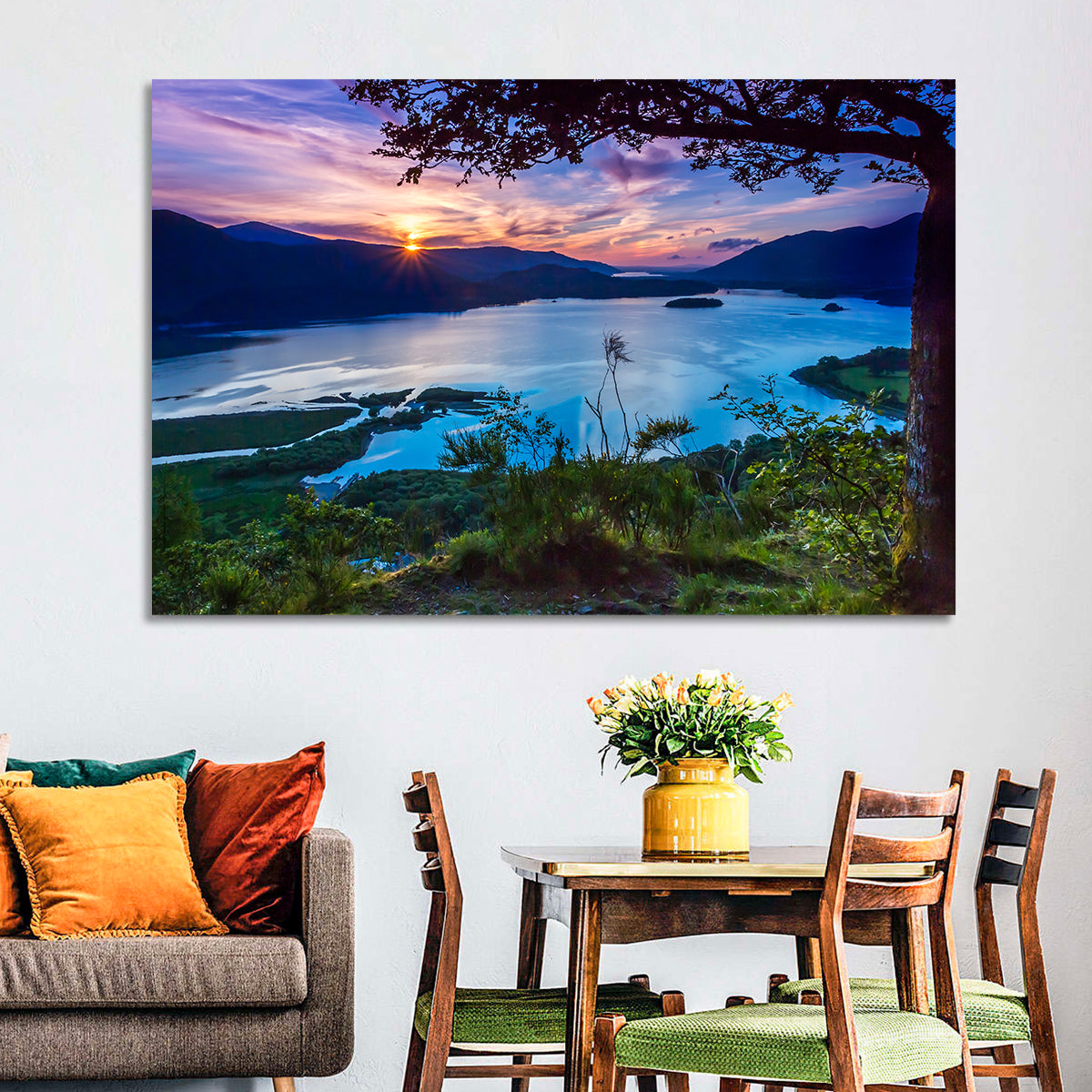 Bassenthwaite Lake Sunset Wall Art in a room, landscape