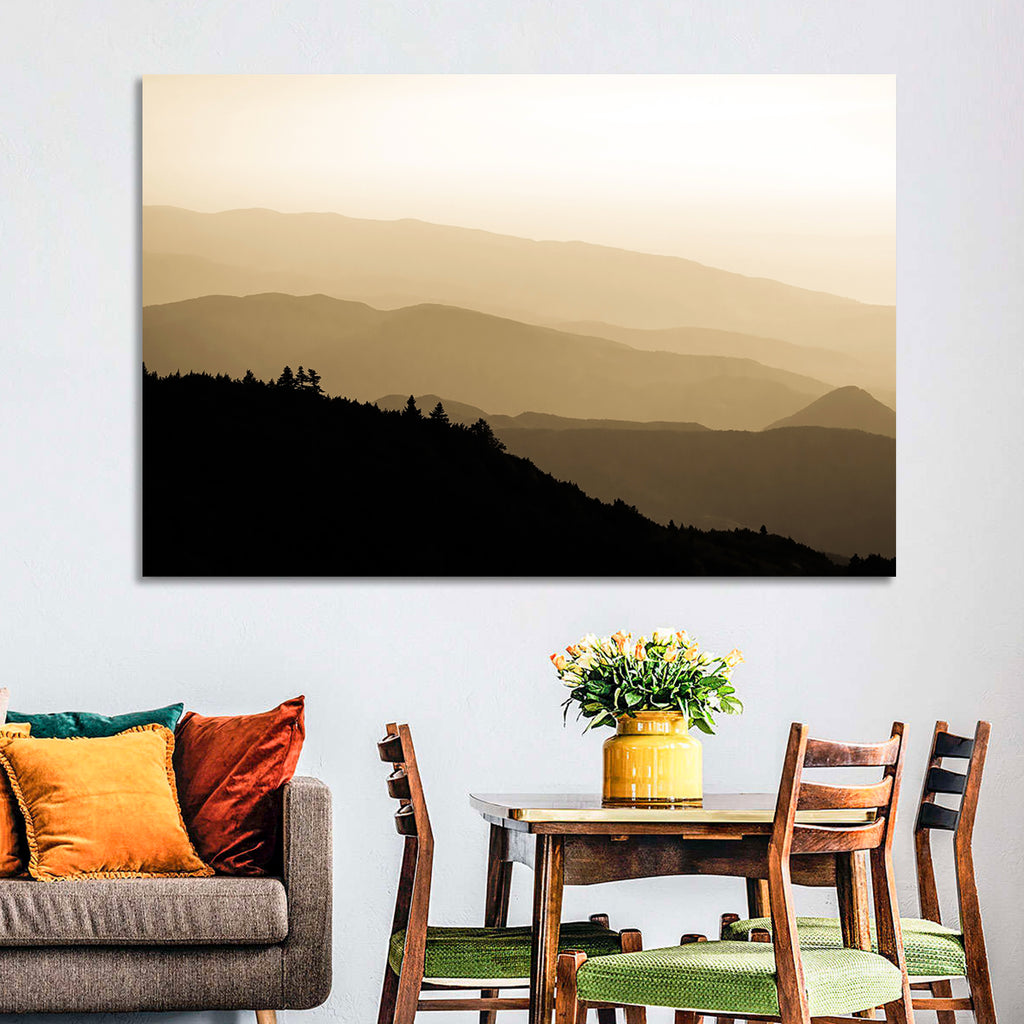 Foggy Mountain Sunset with Evergreen Silhouettes Wall Art