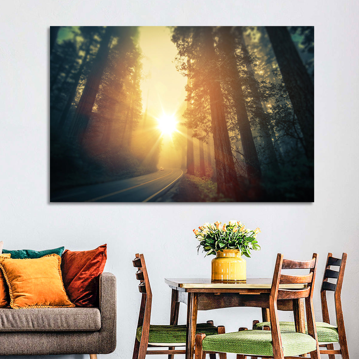 Misty Redwood Road with Golden Sunburst Wall Art in a room, landscape