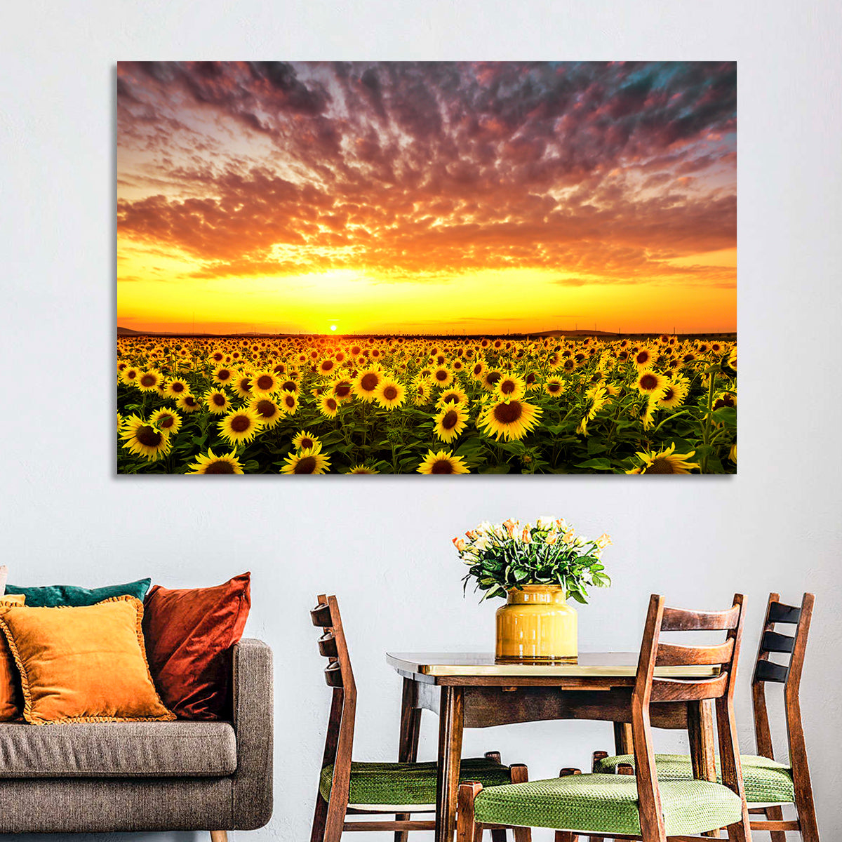 Golden Hour Sunflower Field Wall Art in a room, landscape