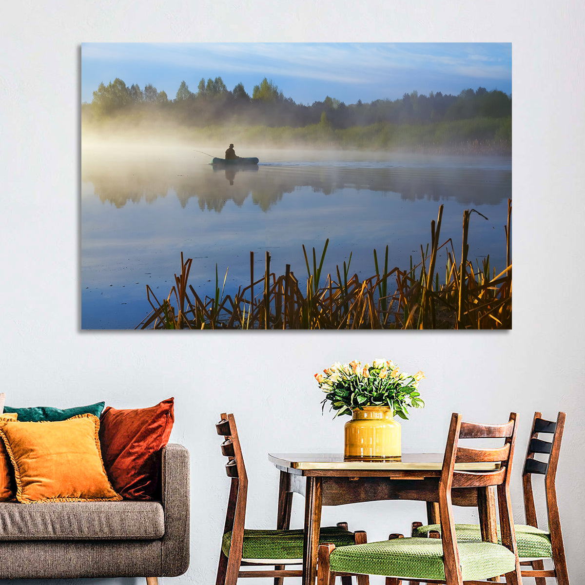 Misty Lake Fisherman Wall Art in a room, landscape