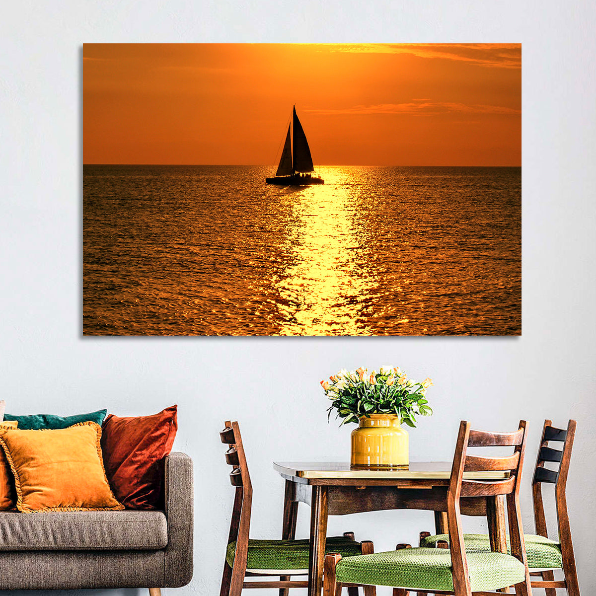 Sailboat Silhouette at Golden Sunset Wall Art in a room, landscape