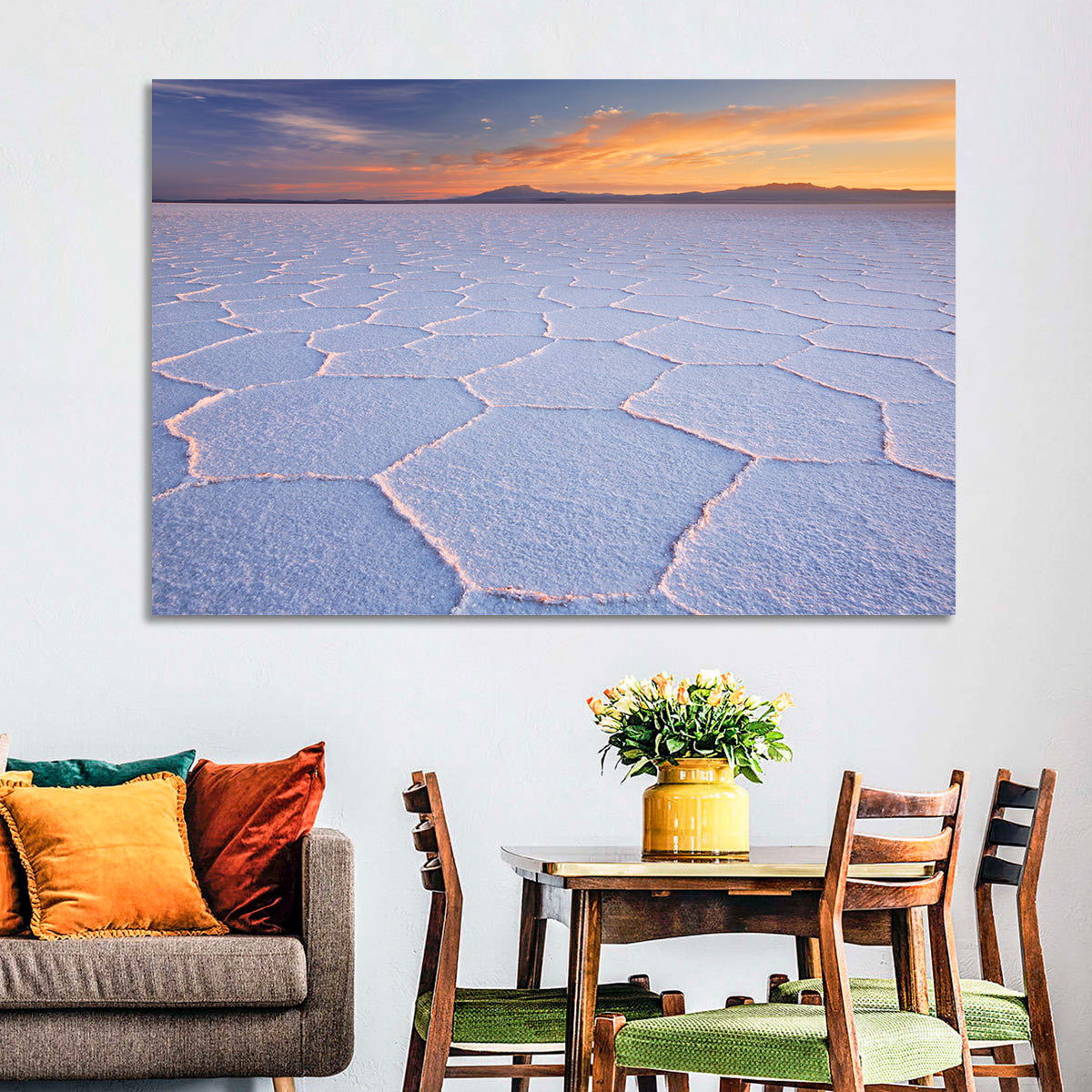 Salar De Uyuni Sunrise Wall Art in a room, landscape