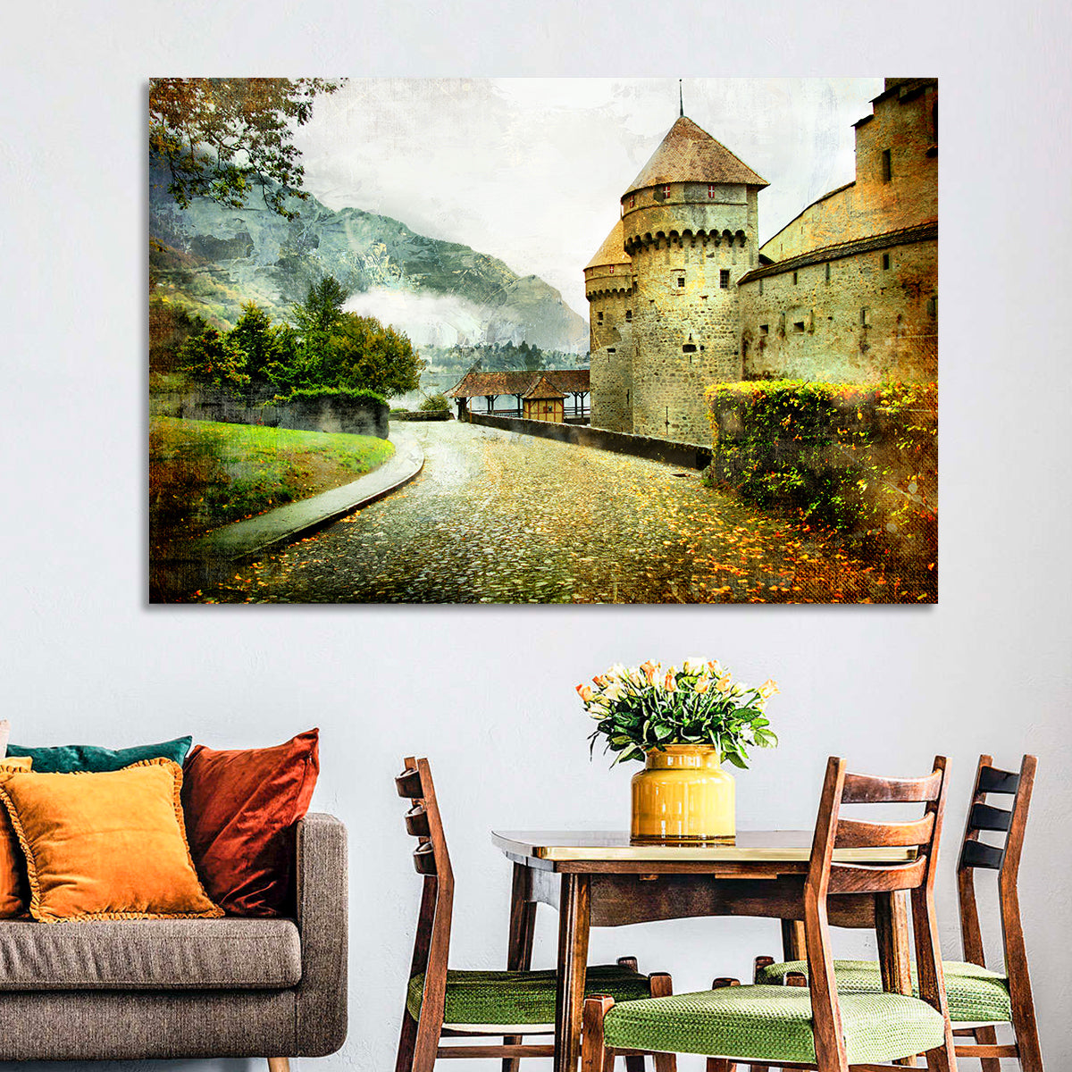 Autumn Approach to Chillon Castle Wall Art in a room, landscape