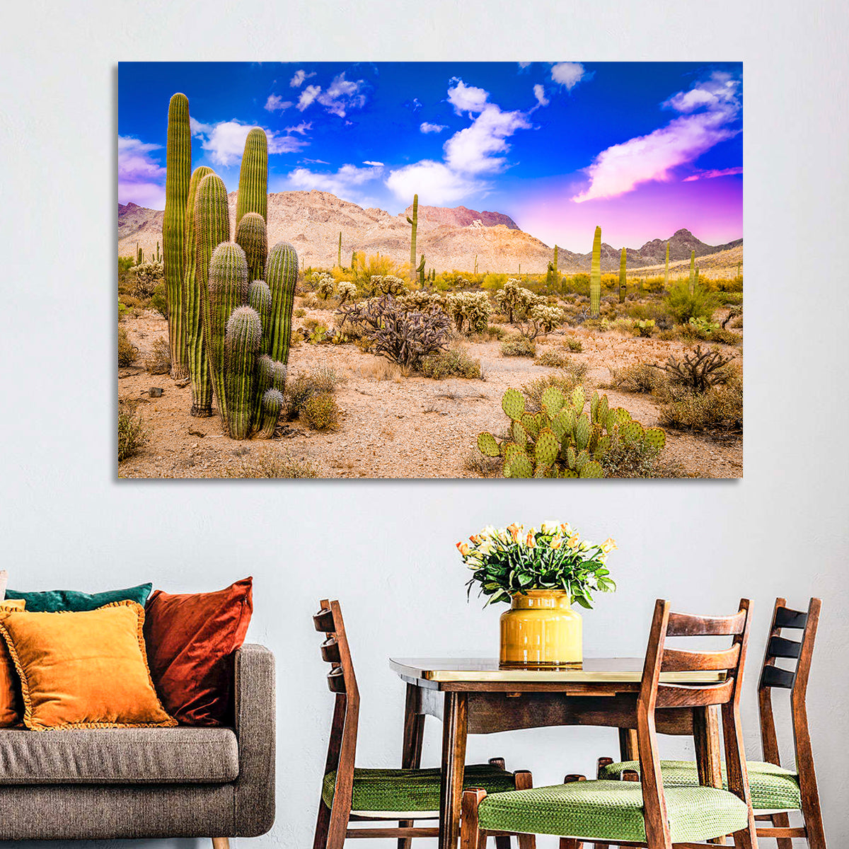 Arizona Saguaro Sunset Wall Art in a room, landscape