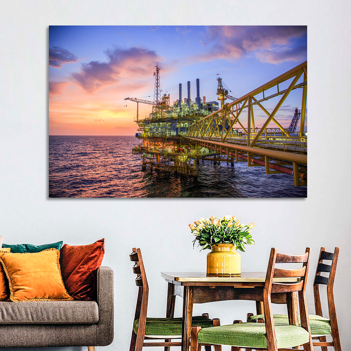 Golden Hour Offshore Oil Rig Wall Art in a room, landscape