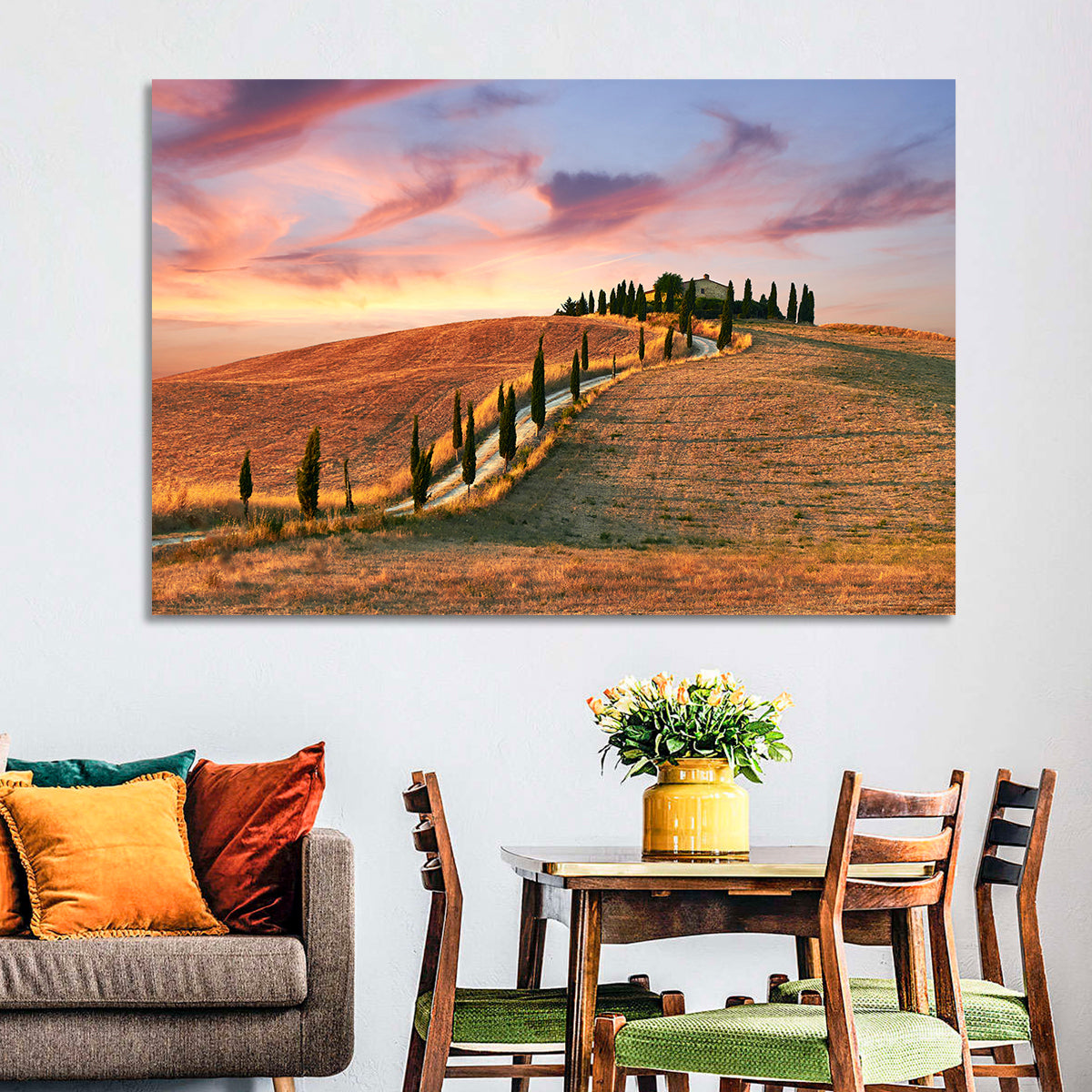 Tuscan Hilltop Road at Dusk Wall Art in a room, landscape