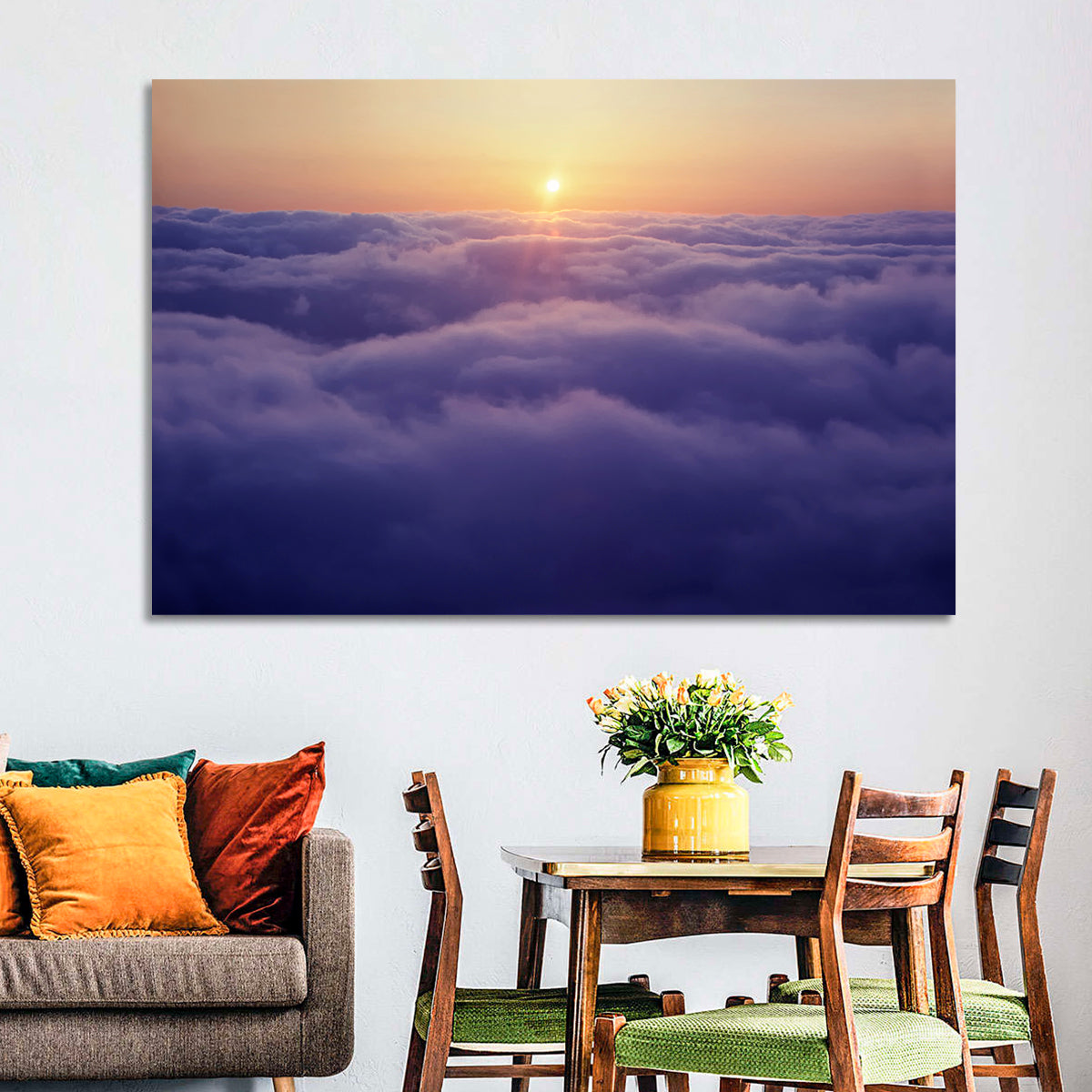 Sunset Over Endless Clouds Wall Art in a room, landscape