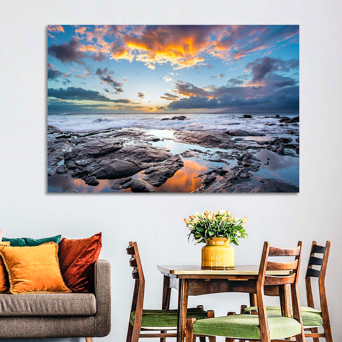 Sunset Over Volcanic Shore Wall Art in a room, landscape