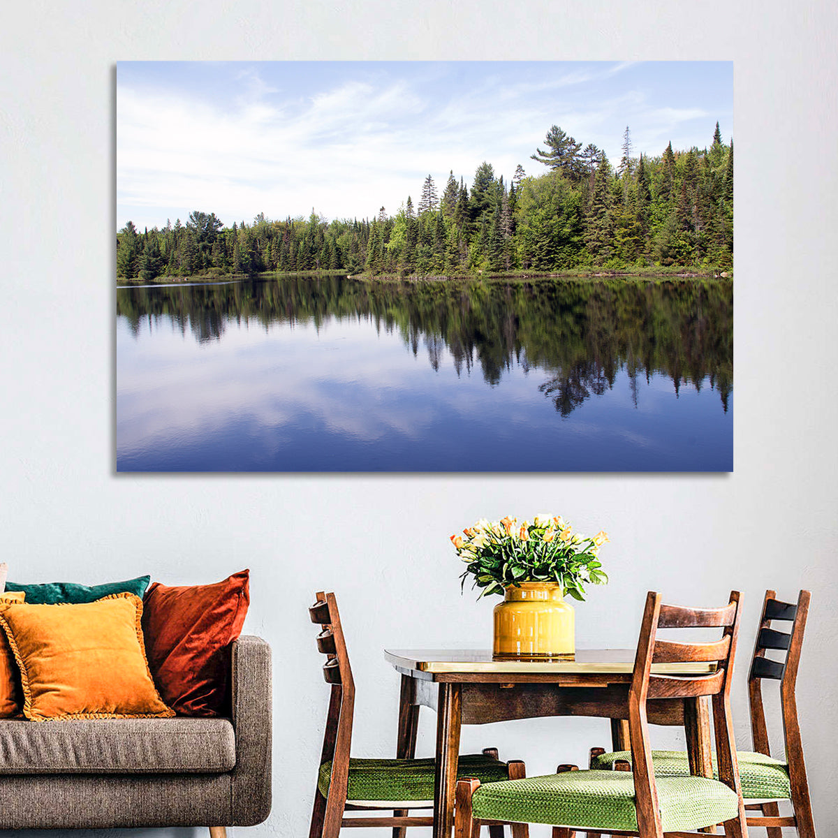 Peck Lake Shoreline Reflection Wall Art in a room, landscape