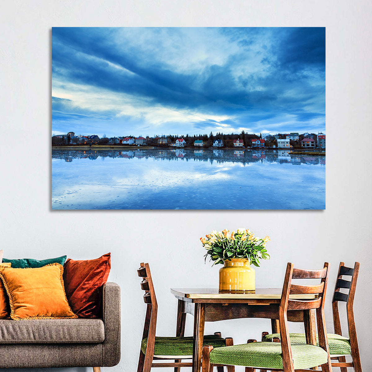 Tjornin at Twilight Reykjavik Wall Art in a room, landscape