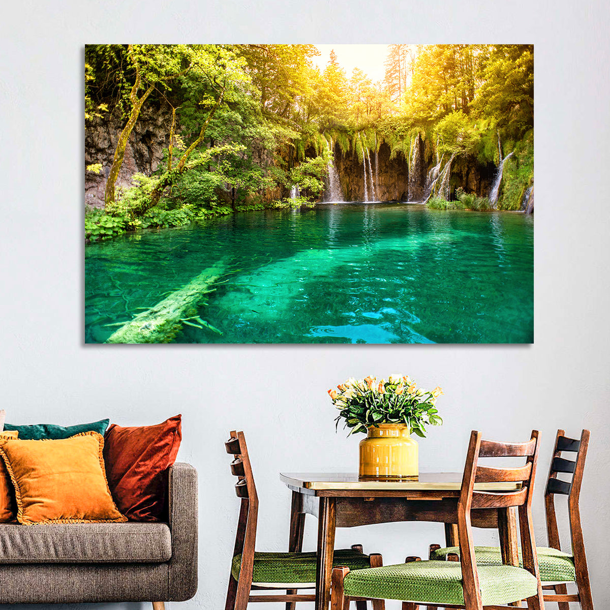 Plitvice Lake Waterfall Wall Art in a room, landscape