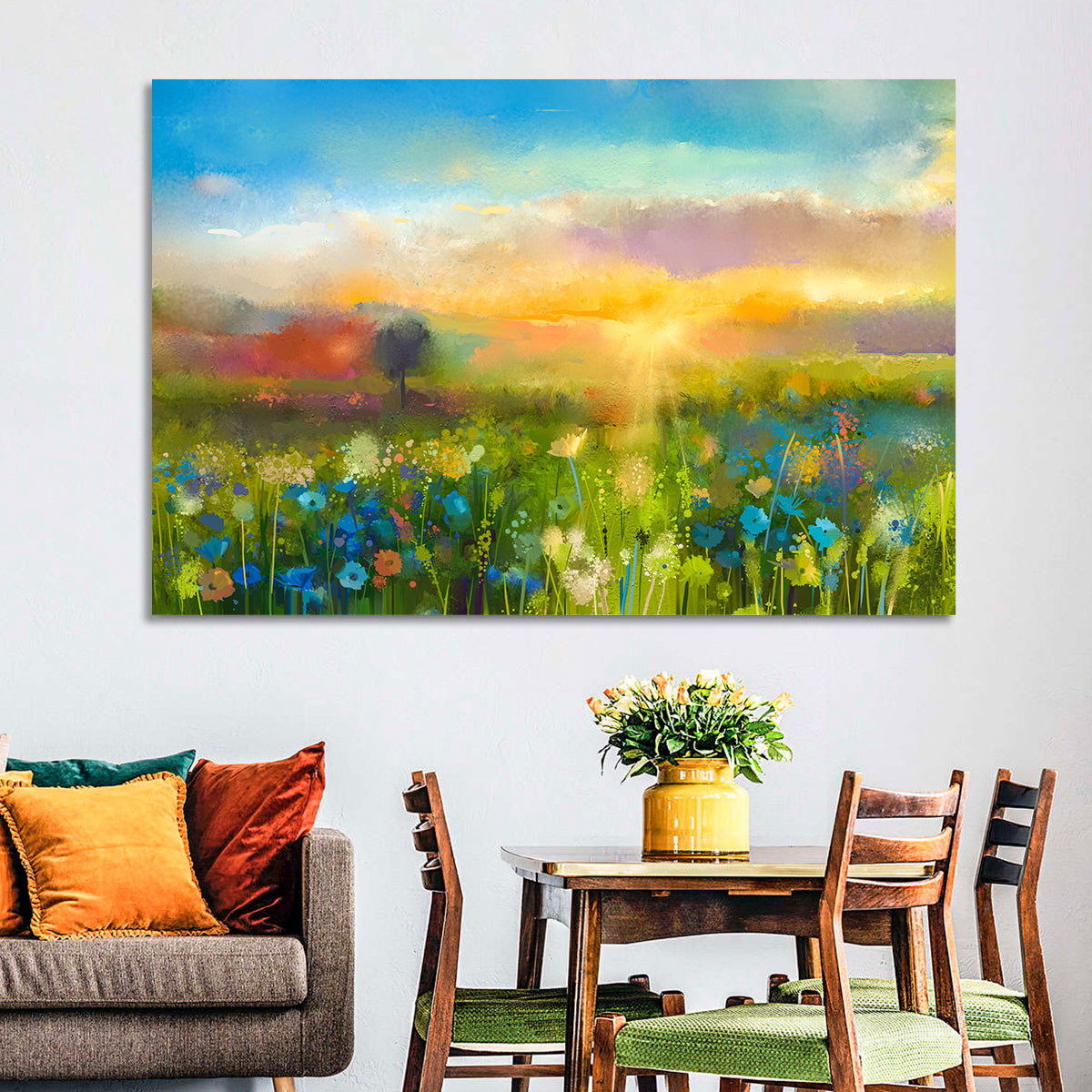 Sunset Wildflower Meadow Wall Art in a room, landscape