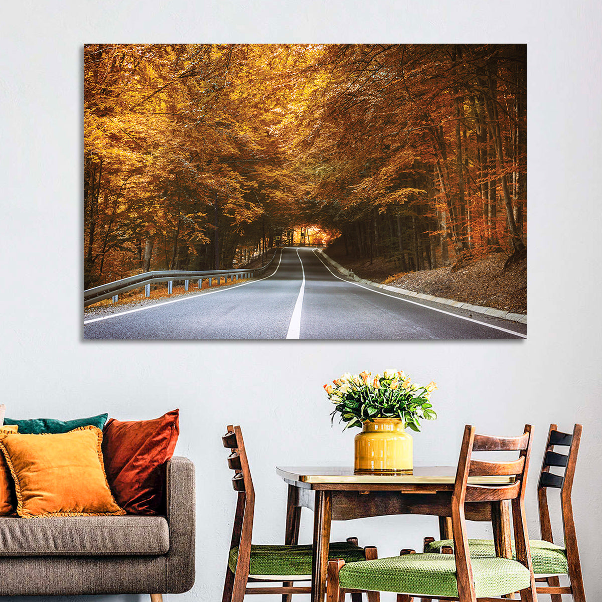 Autumn Forest Road with Canopy Wall Art in a room, landscape