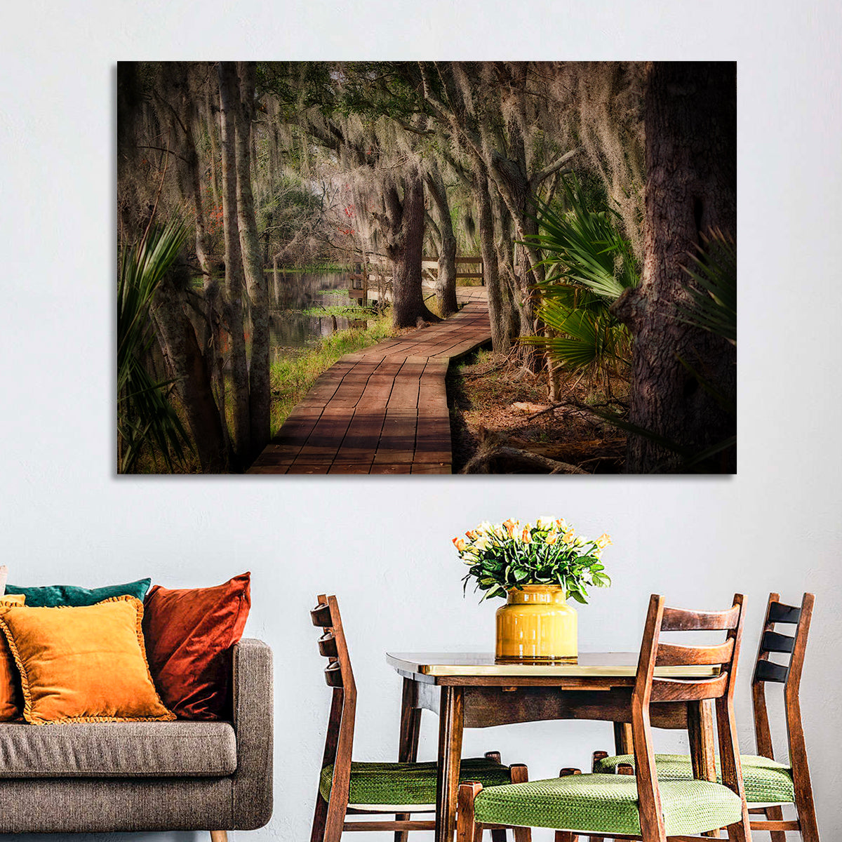 Louisiana Swamp Boardwalk Wall Art in a room, landscape