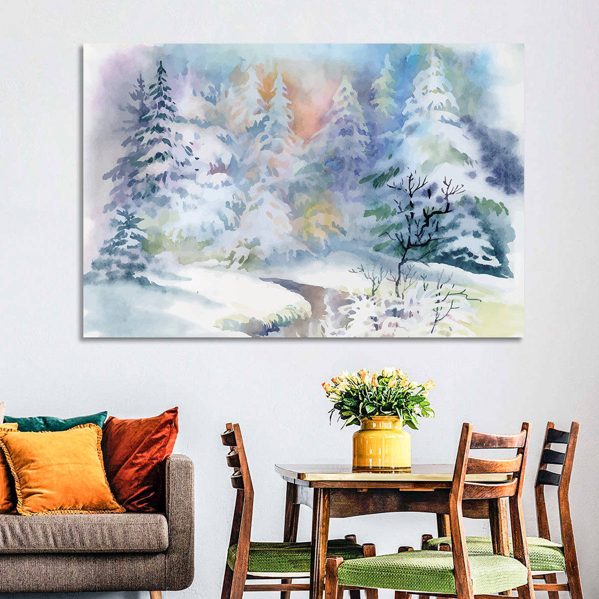 Winding Winter Stream Watercolor Wall Art in a room, landscape