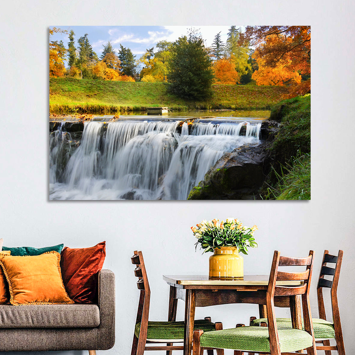Autumn Forest Waterfall Wall Art in a room, landscape