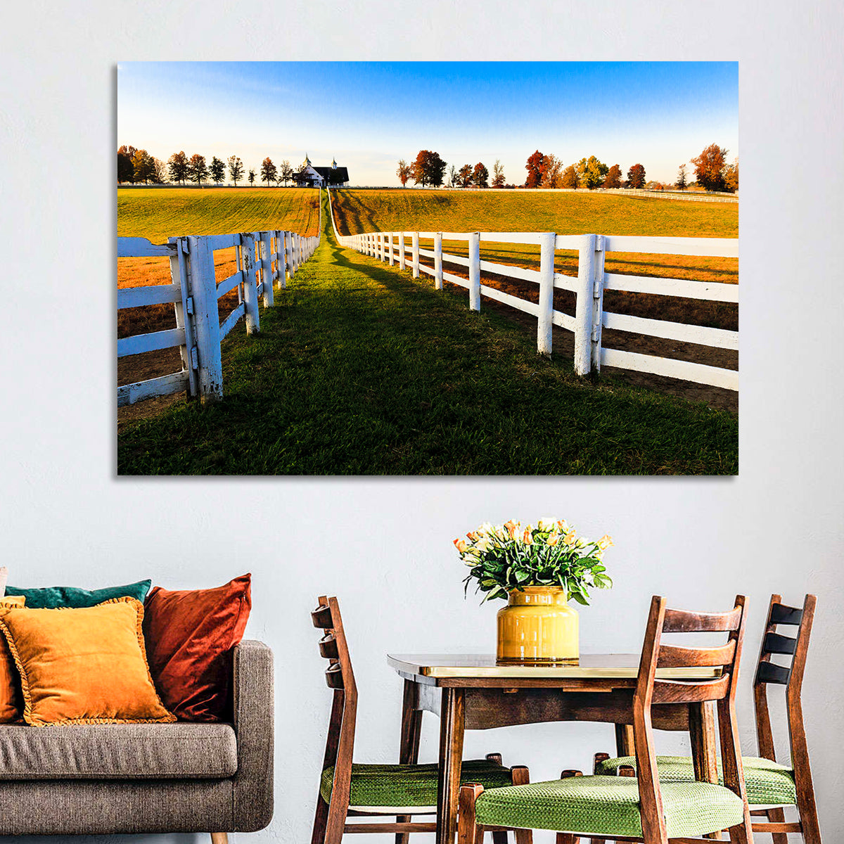 Kentucky Horse Farm at Golden Hour Wall Art in a room, landscape