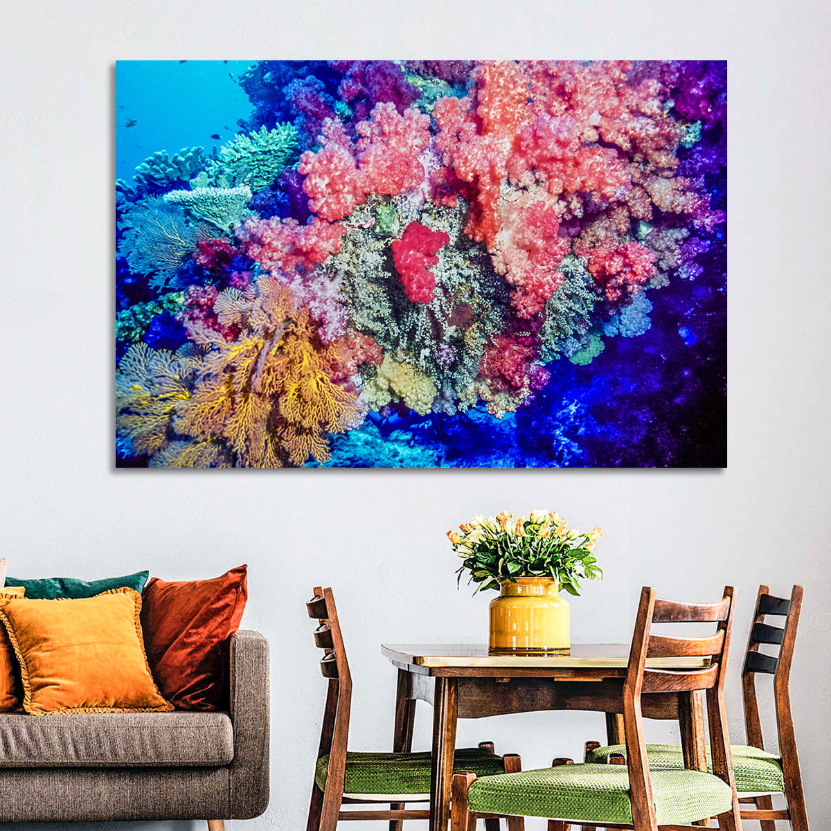 Vibrant Coral Reef Wall Art in a room, landscape