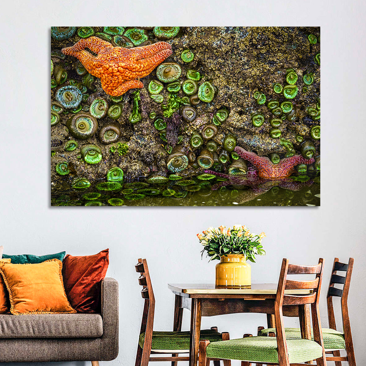 Orange Starfish Tide Pool Wall Art in a room, landscape
