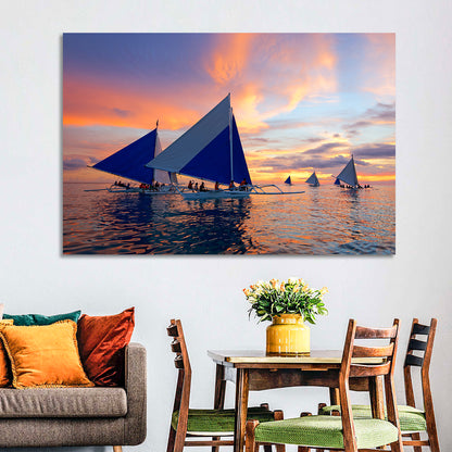 Outrigger Sailboats at Sunset Wall Art