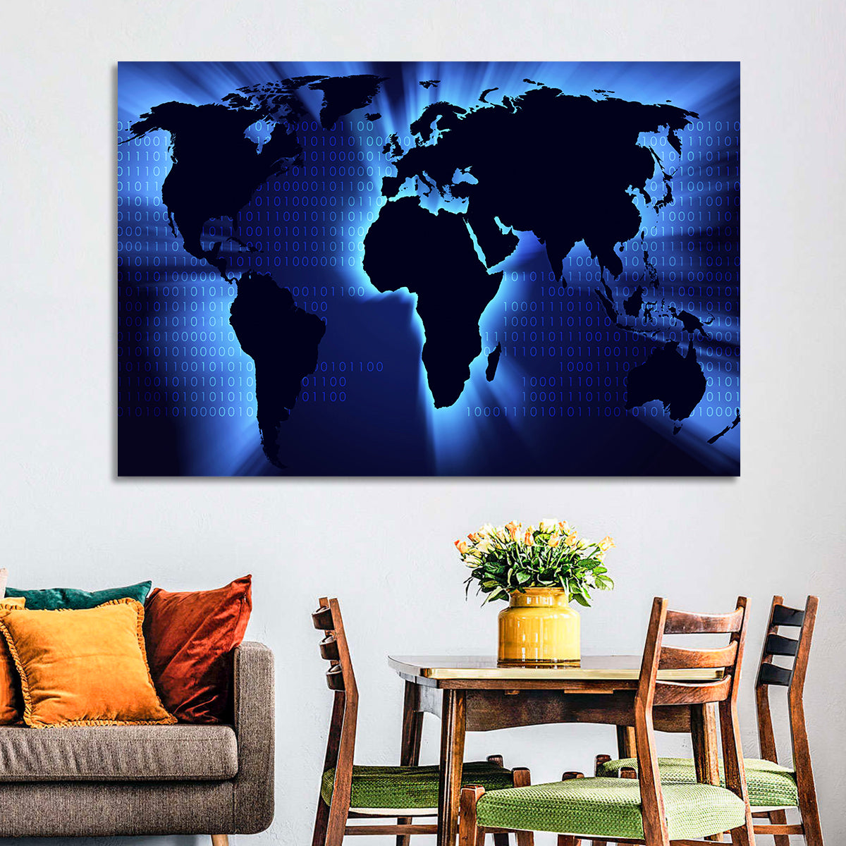 Glowing Digital World Map Wall Art in a room, landscape