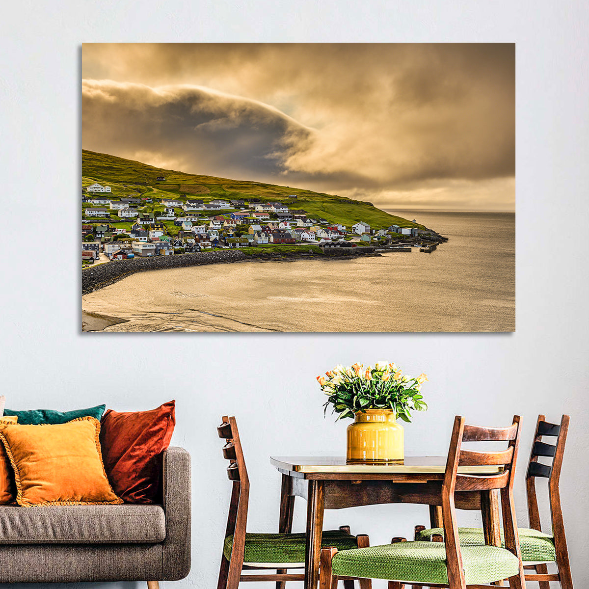 Coastal Village at Golden Hour Wall Art in a room, landscape