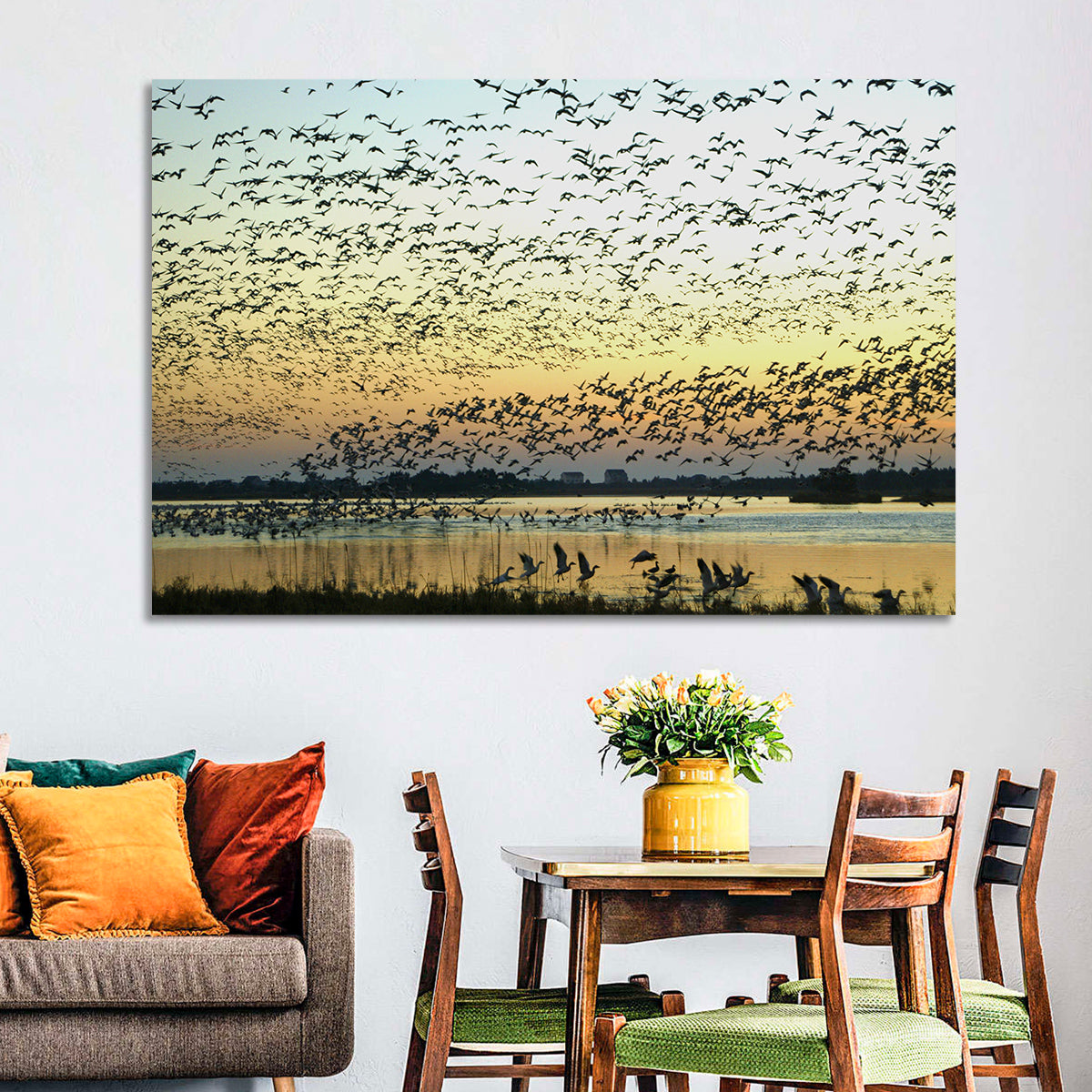 Snow Geese Over River Wall Art in a room, landscape