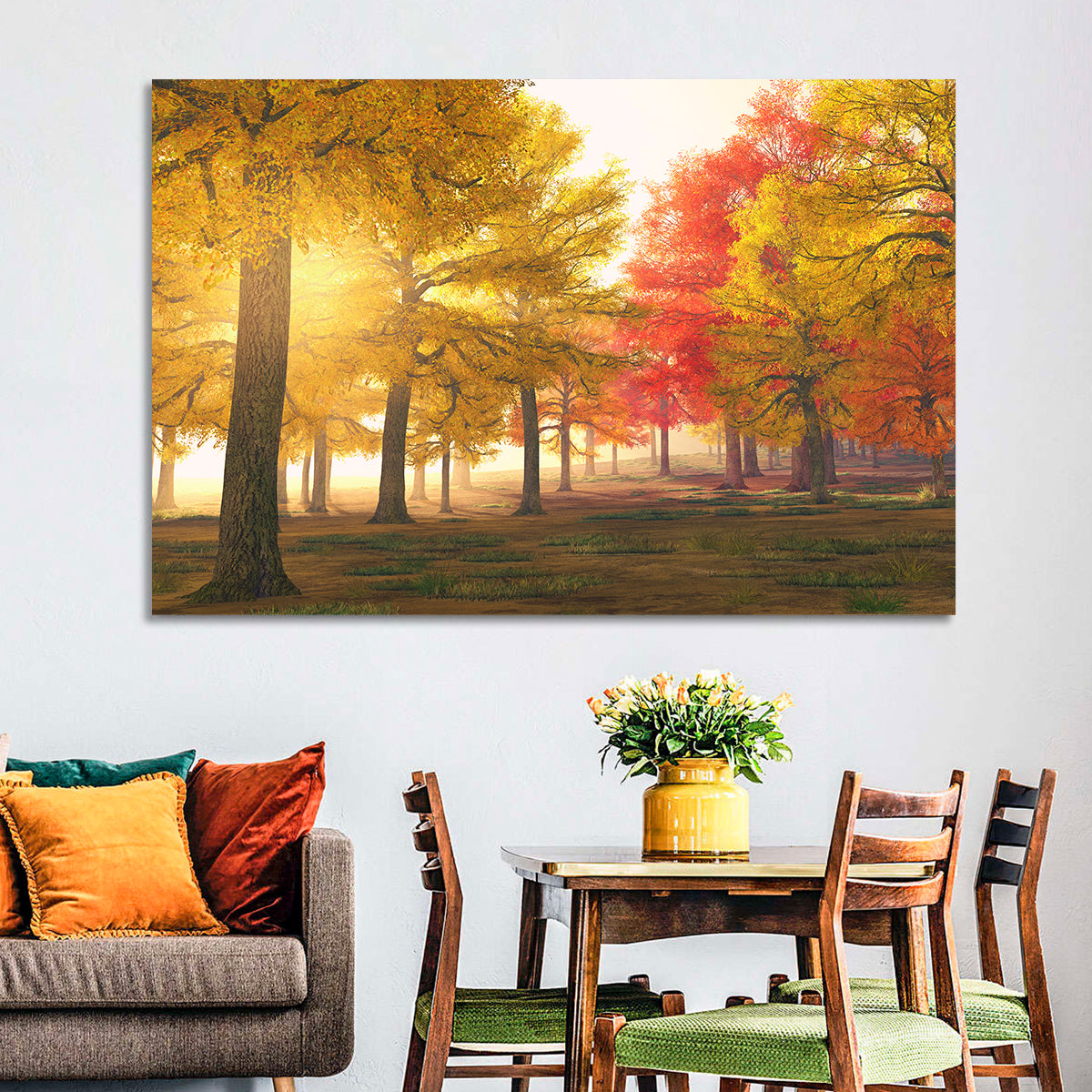 Foggy Autumn Forest Wall Art in a room, landscape