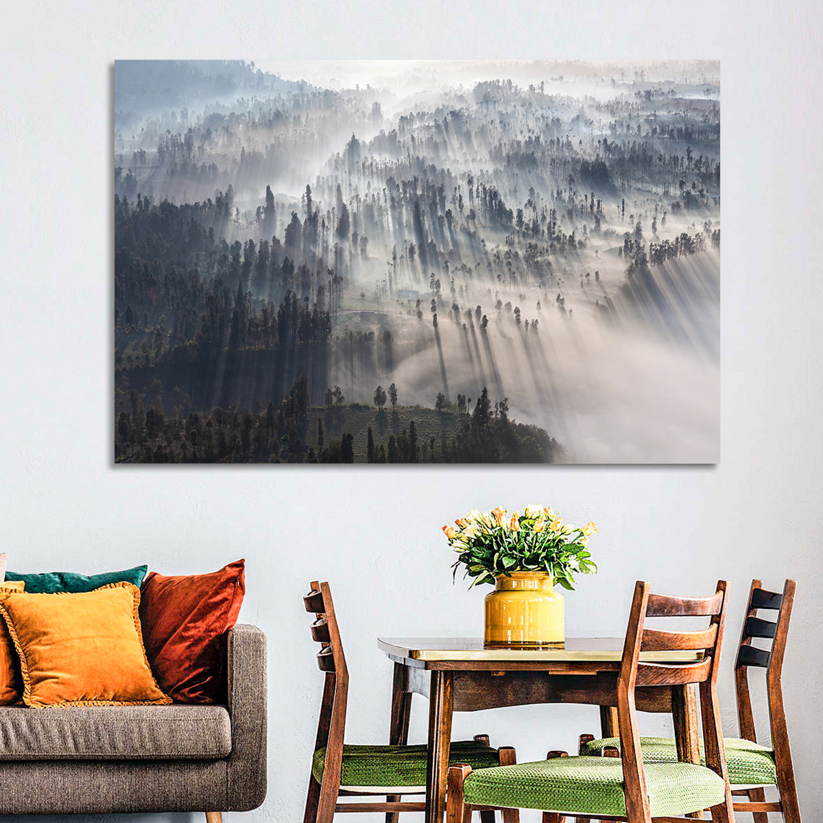 Misty Forest Sunrise Wall Art in a room, landscape
