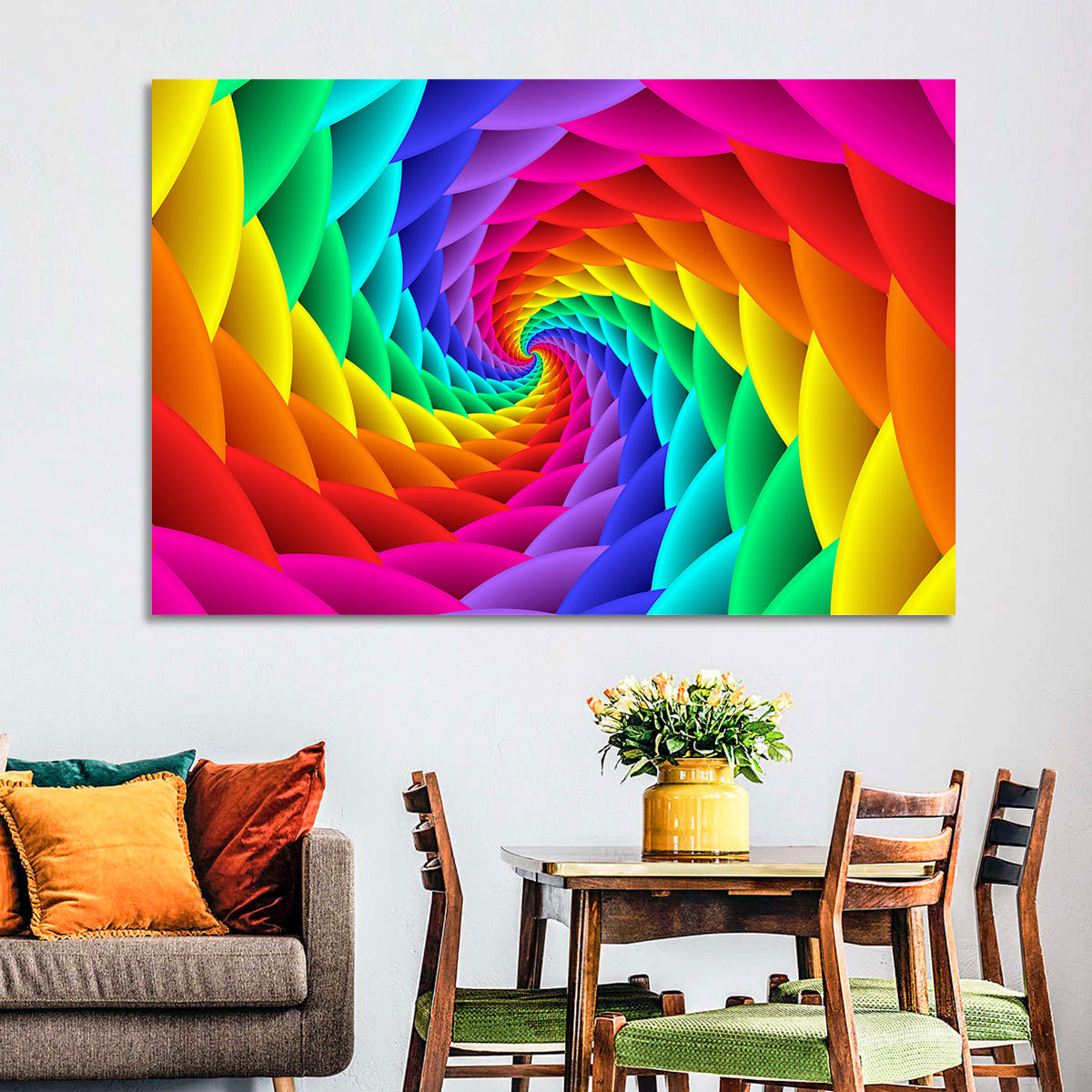 Rainbow Spiral Vortex Tunnel Wall Art in a room, landscape