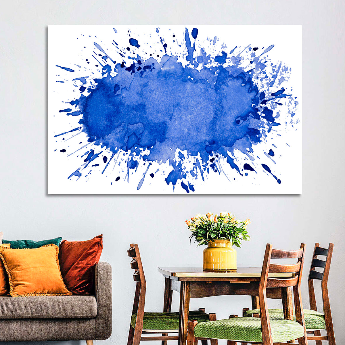Blue Ink Splash Wall Art in a room, landscape