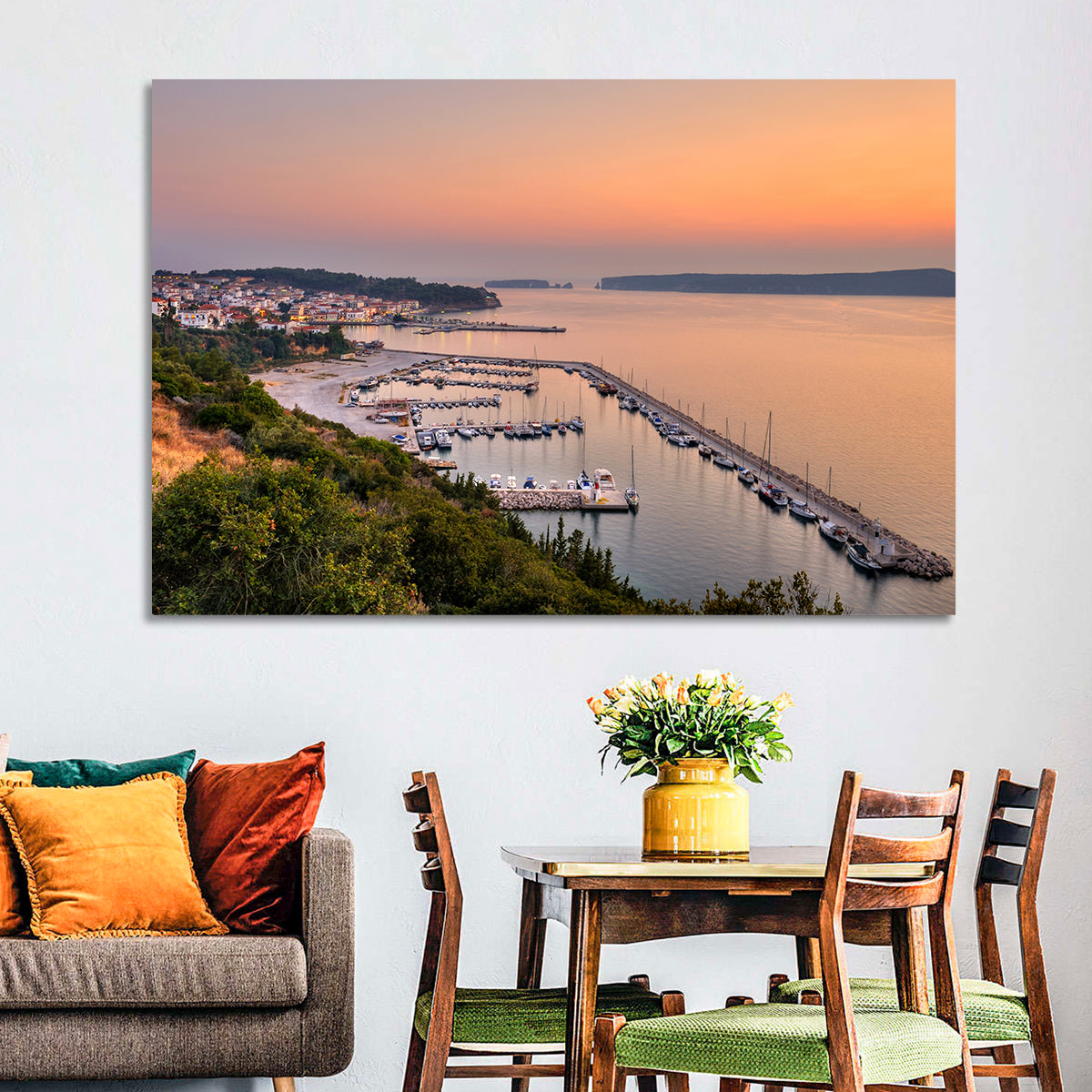 Pylos Harbor Lighthouse Sunset Wall Art in a room, landscape