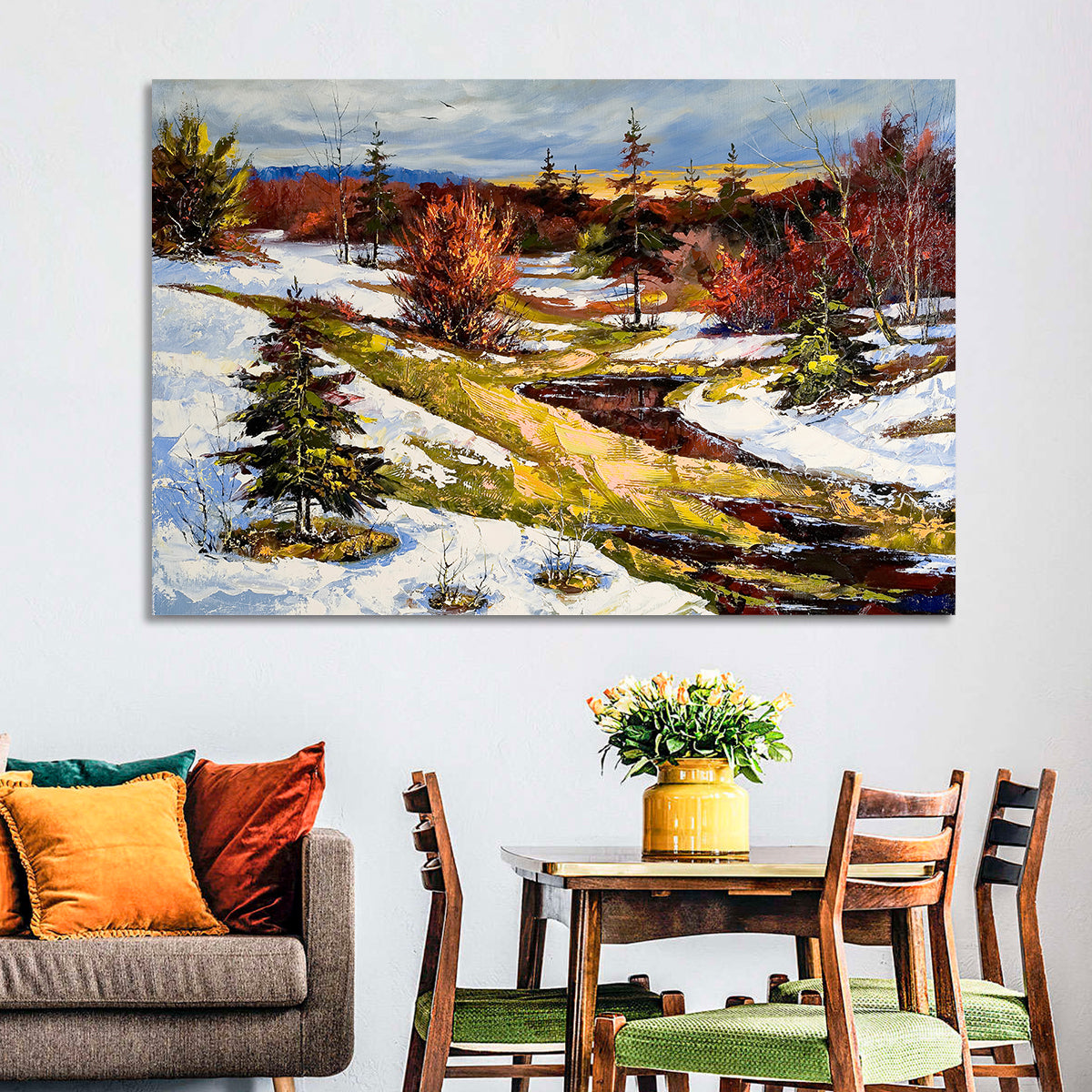 Snowy Stream Through Evergreens Wall Art in a room, landscape
