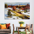 Snowy Stream Through Evergreens Wall Art