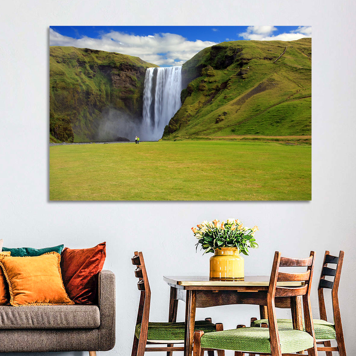 Skógafoss Waterfall Wall Art in a room, landscape