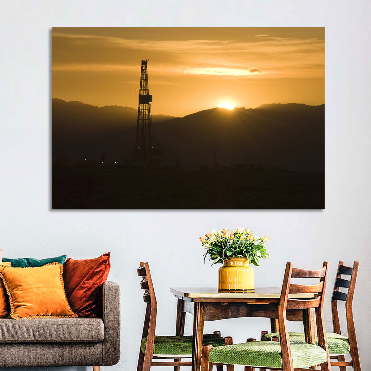 Sunrise Over Drilling Rig Wall Art in a room, landscape