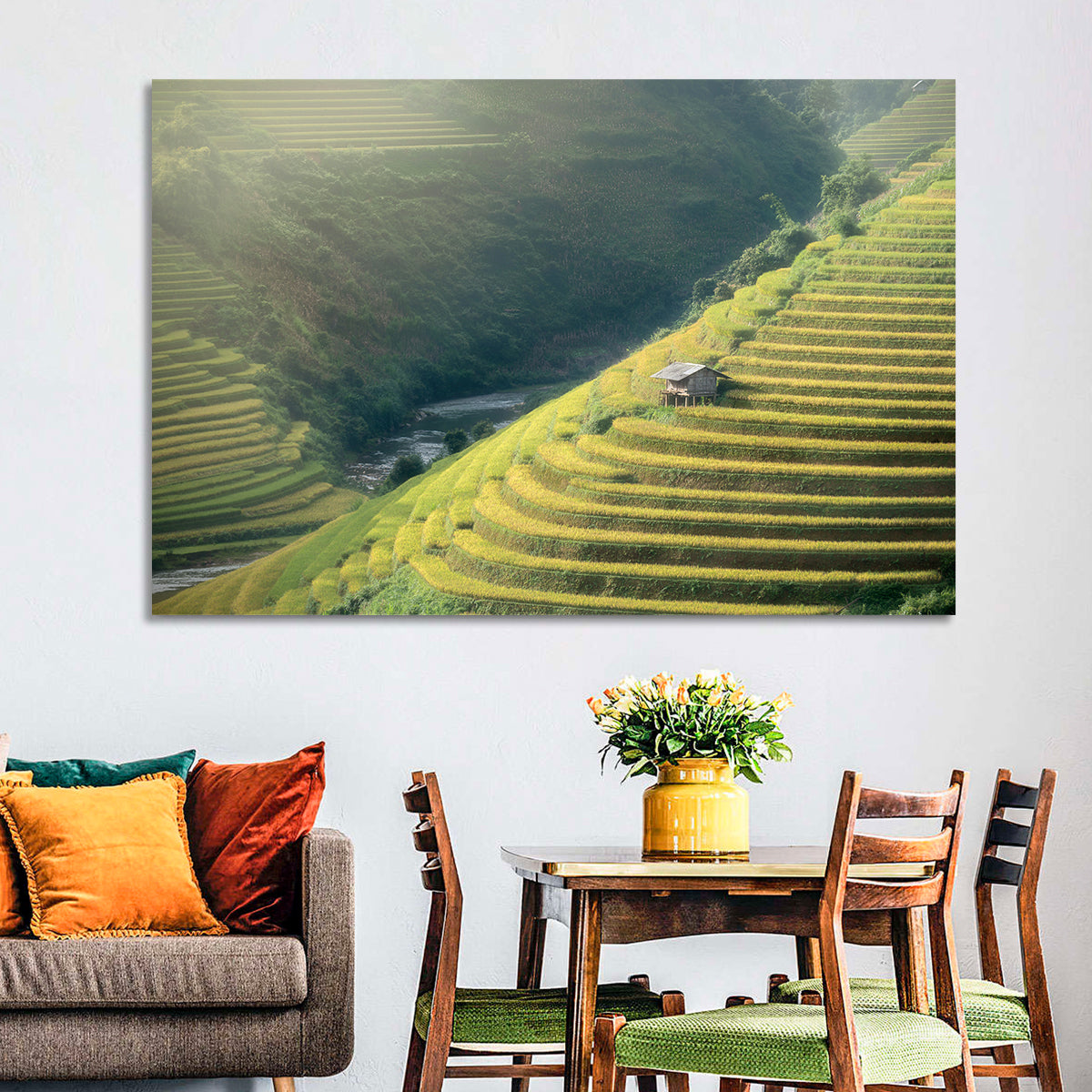 Golden Rice Terraces Wall Art in a room, landscape