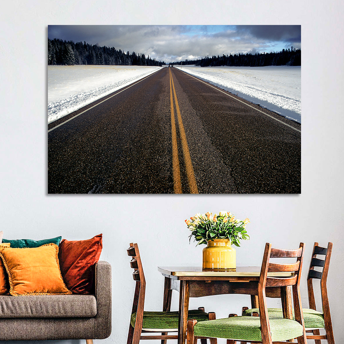 Winter Road Through Pine Forest Wall Art in a room, landscape