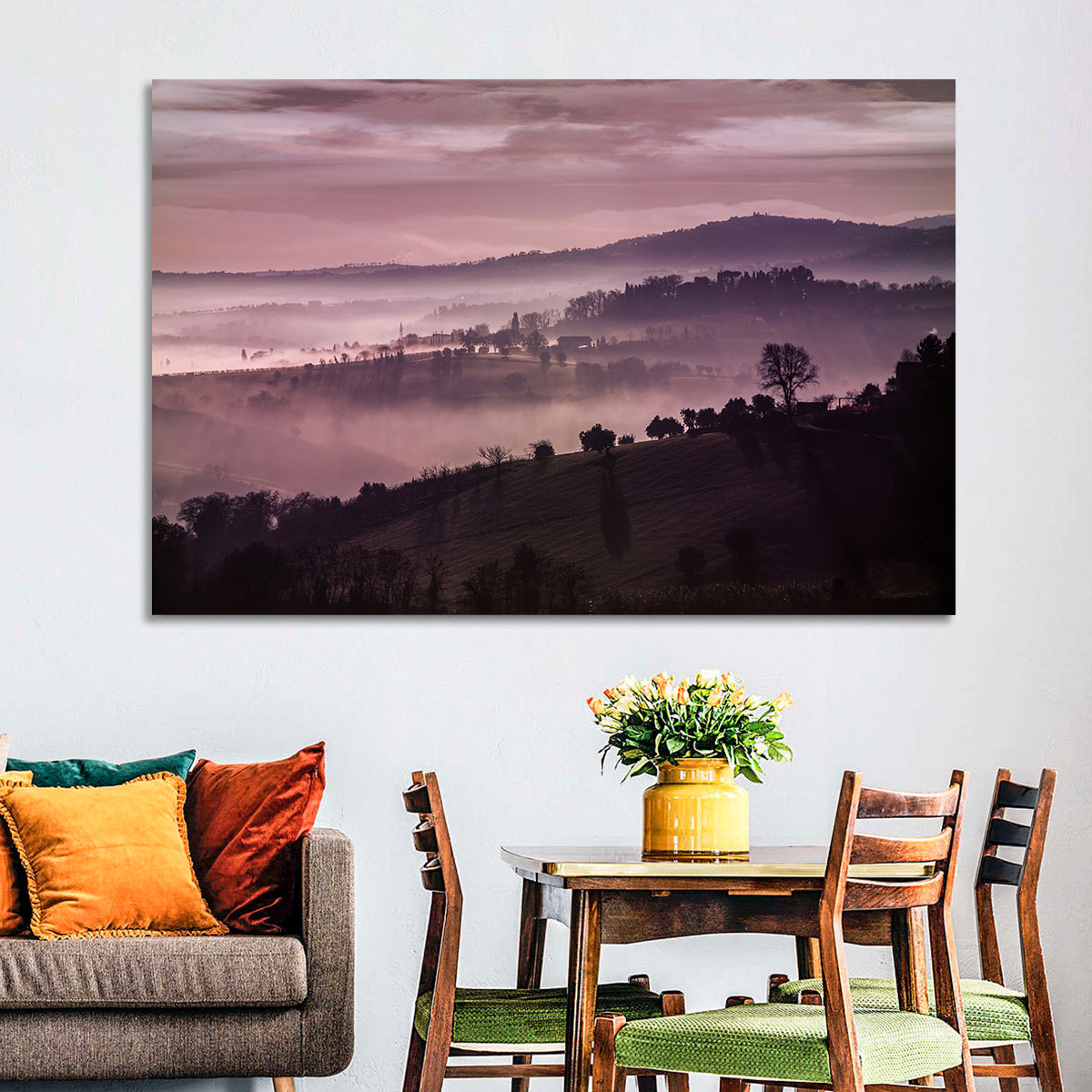 Misty Lavender Hills Wall Art in a room, landscape