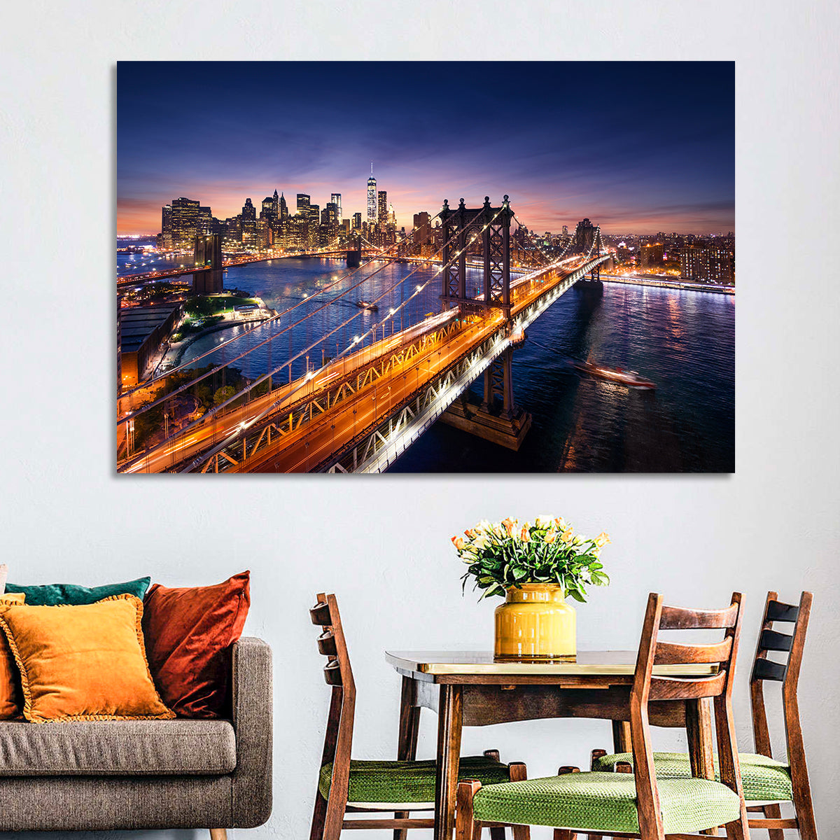 Sunset Over Manhattan Bridges Wall Art in a room, landscape