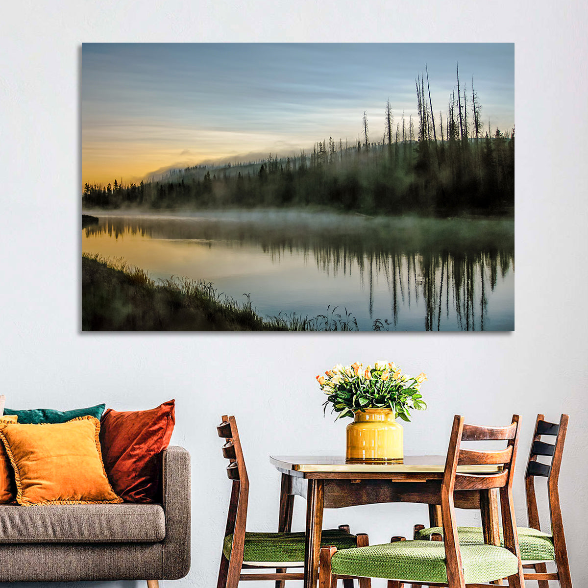 Yellowstone River Morning Mist Wall Art in a room, landscape