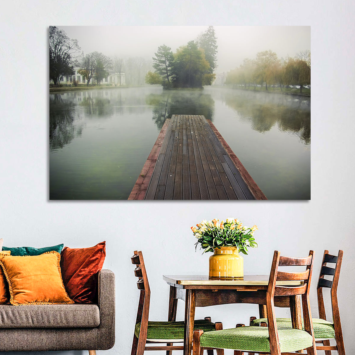 Wooden Pier on Foggy Lake Wall Art
