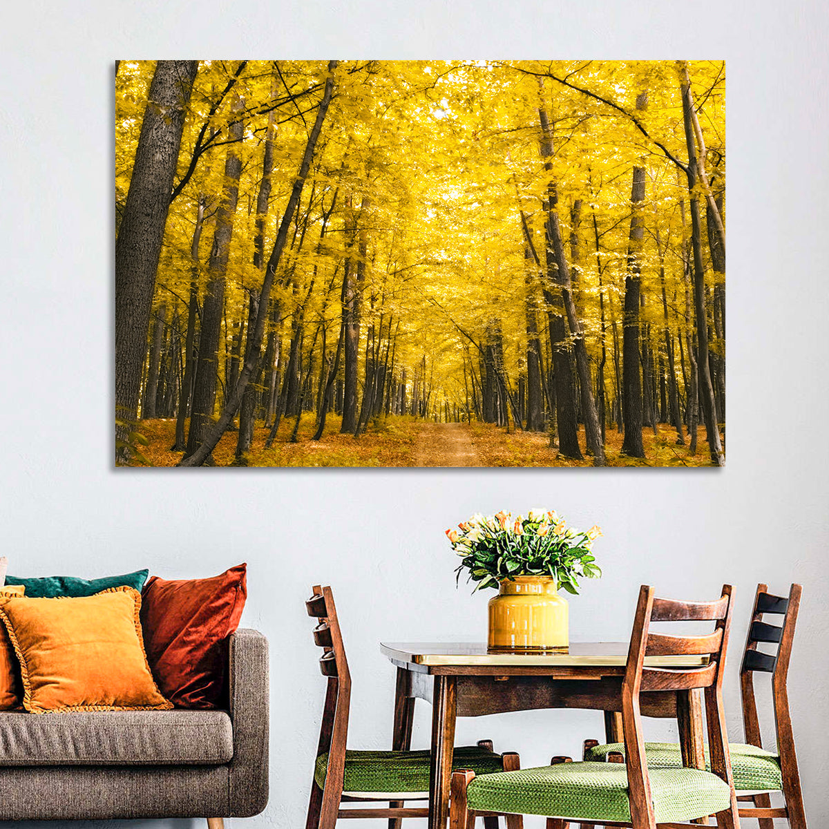 Yellow Autumn Forest Path Wall Art in a room, landscape