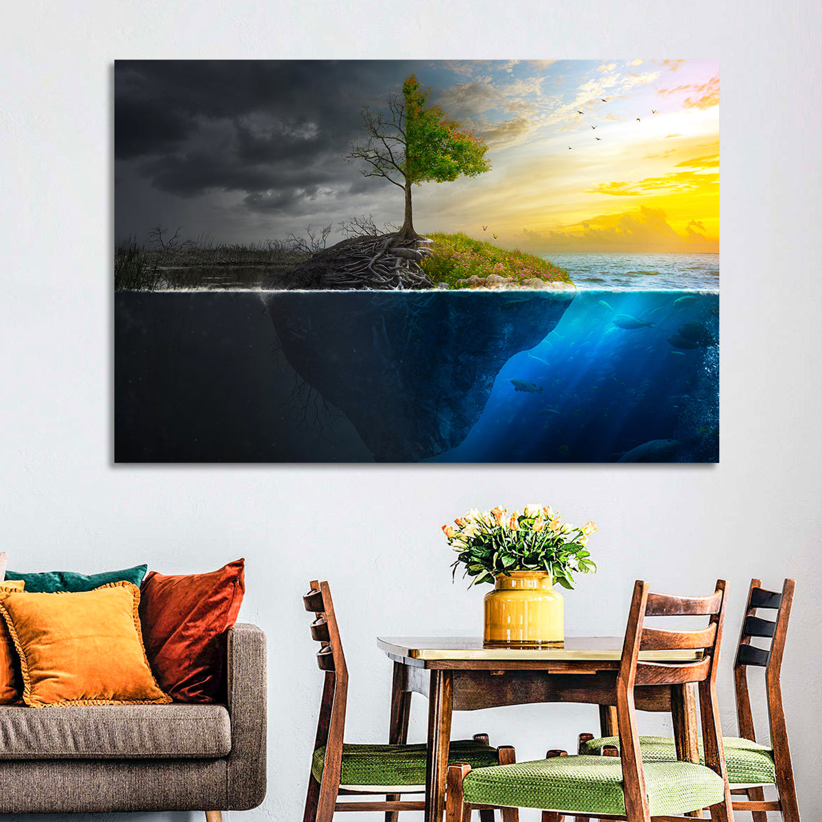 Split Island Tree of Duality Wall Art in a room, landscape