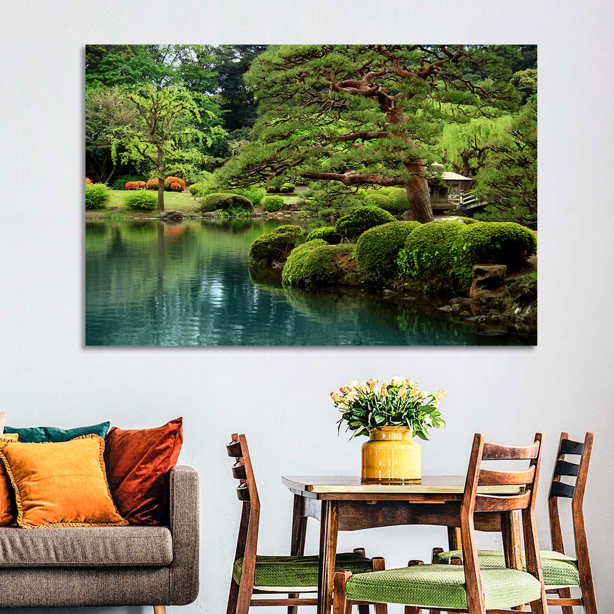 Bonsai Pine Over Tranquil Pond Wall Art in a room, landscape