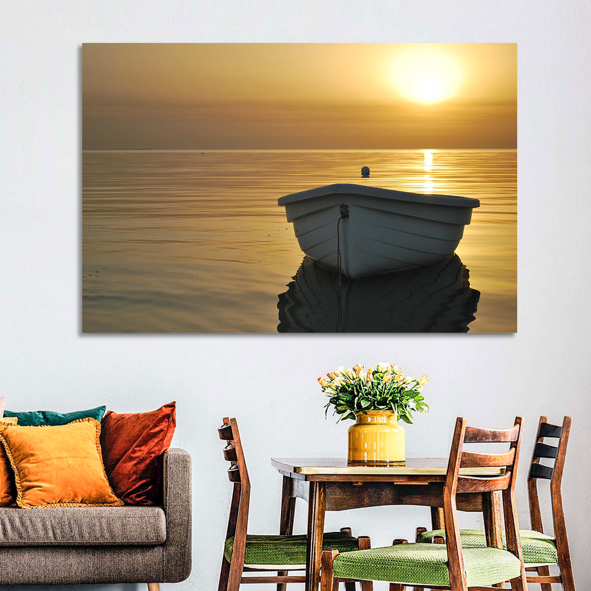 White Rowboat on Golden Sea Wall Art in a room, landscape