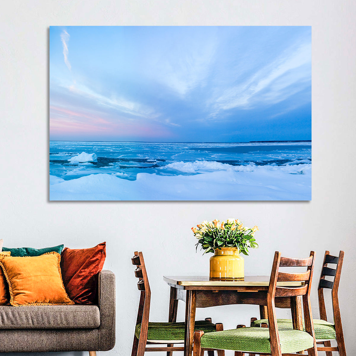 Frozen Blue Seascape Wall Art in a room, landscape
